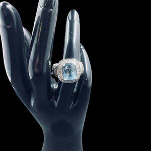 925 Silver Blue Topaz Diamond Ring Cushion Cut Gold Accents Cocktail Jewelry